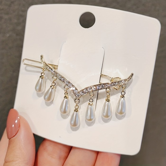 Stylish Rhinestone V-Shaped Hairpin with Imitation Pearl Pendant and Tassel - Hair Accessories