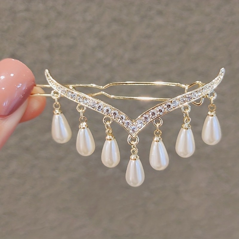 Stylish Rhinestone V-Shaped Hairpin with Imitation Pearl Pendant and Tassel - Hair Accessories