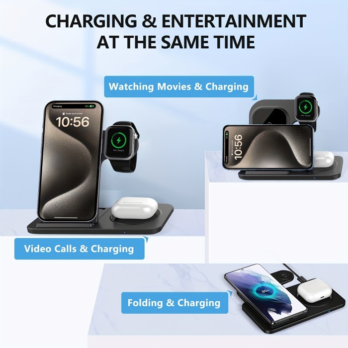Wireless Charging Station for Multiple Devices Foldable 3 in 1 Fast Charger Station Stand Dock for iWatch Series 9 8 7 6 SE 5 4 3 2 Ultra Airpods Pro 3 2 iPhone 15 14Pro 14 13 Pro Max 13 12 11 Pro X Max XS XR 8