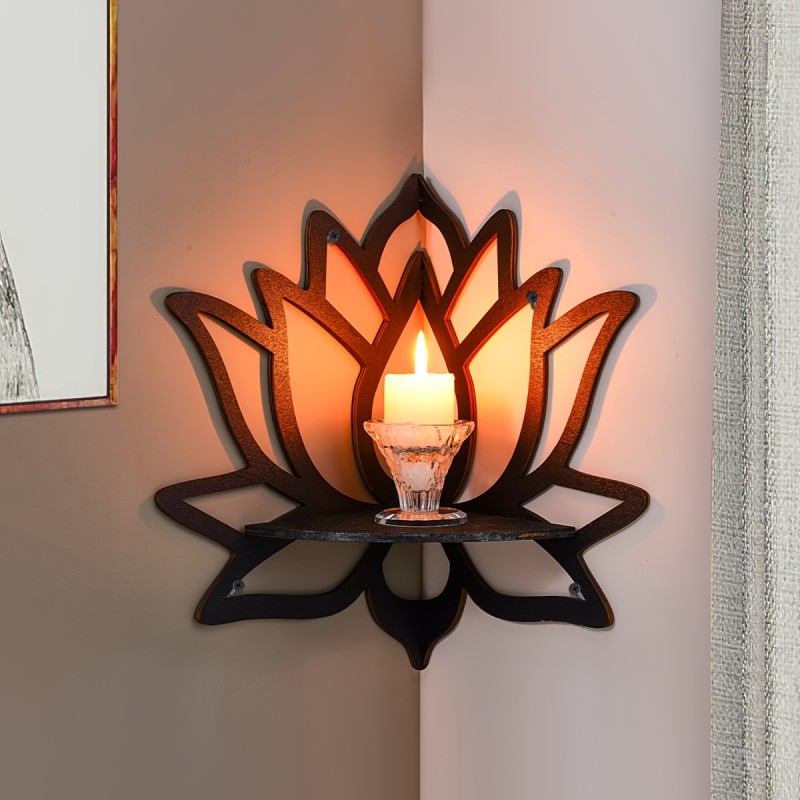 1pc Wooden Lotus Shape Floating Display Shelf - Wall Corner Crystal Stone Storage Rack for Plants, Flowers, Toys, Scented Candles - Household Organization and Aesthetic Room Decor