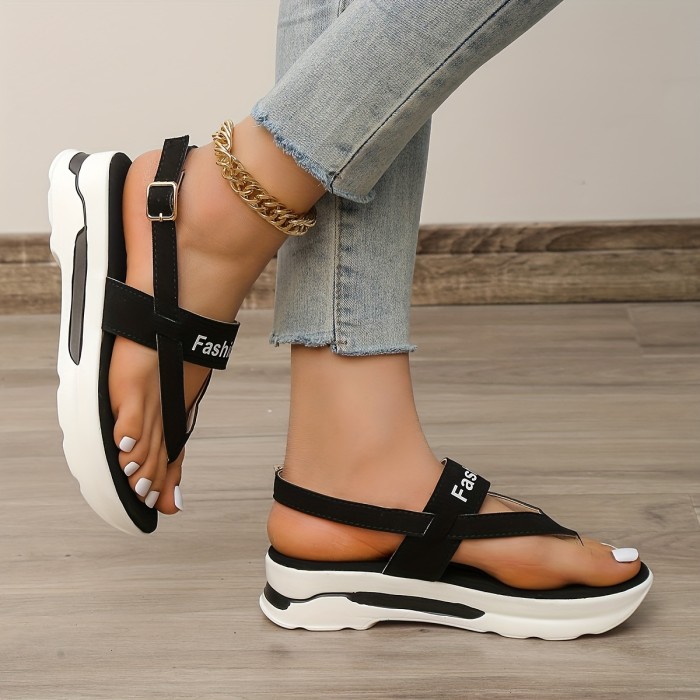 Women's Platform Thong Sandals, Solid Color Letter Buckle Strap Slingback Shoes, Outdoor Summer Sandals