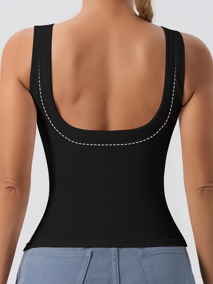 Simple Solid Square Neck Tank Top, All-match Ribbed Vest Top With Removable Chest Pad, Women's Lingerie & Underwear