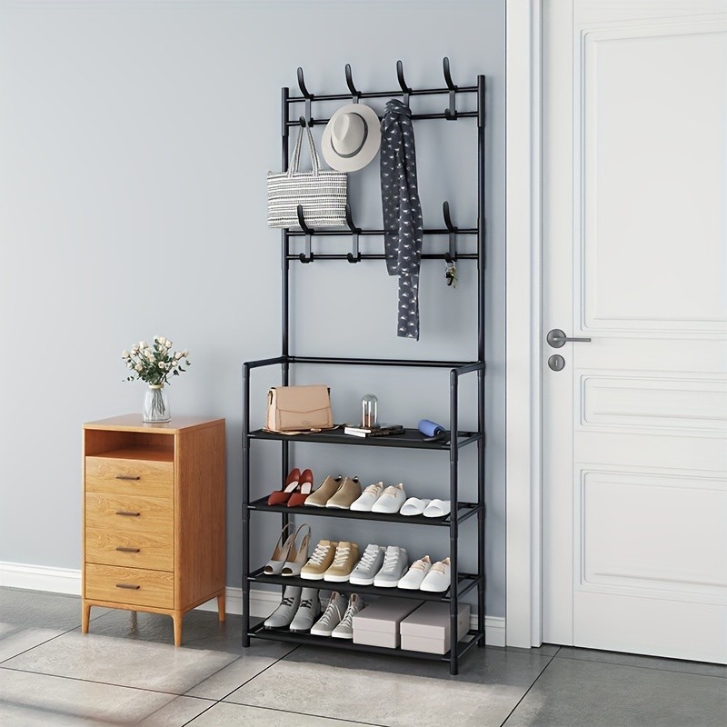 1pc Free Standing Entrance Coat Rack with 5 Storage Shelves and 8 Double Hooks - Perfect for Living Room, Bathroom, or Hallway Organization