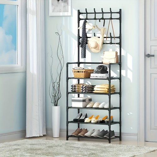 1pc Free Standing Entrance Coat Rack with 5 Storage Shelves and 8 Double Hooks