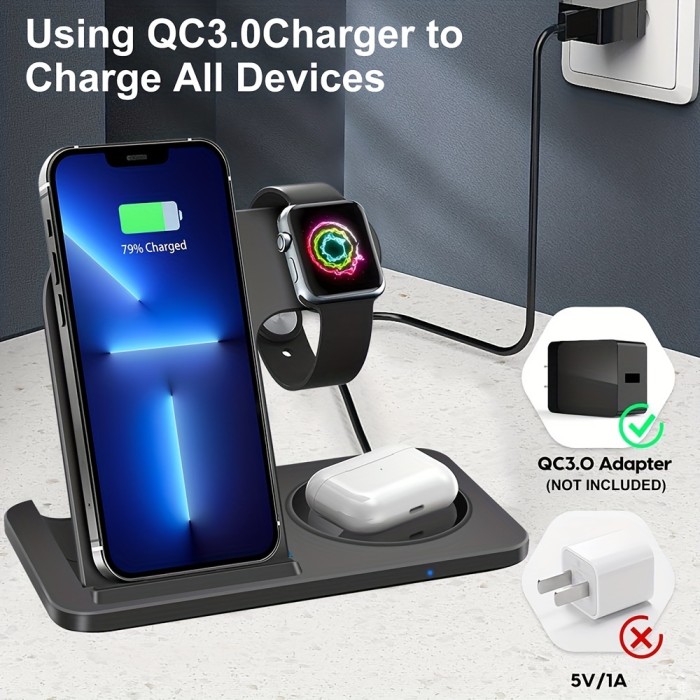 Wireless Charging Station for Multiple Devices Foldable 3 in 1 Fast Charger Station Stand Dock for iWatch Series 9 8 7 6 SE 5 4 3 2 Ultra Airpods Pro 3 2 iPhone 15 14Pro 14 13 Pro Max 13 12 11 Pro X Max XS XR 8