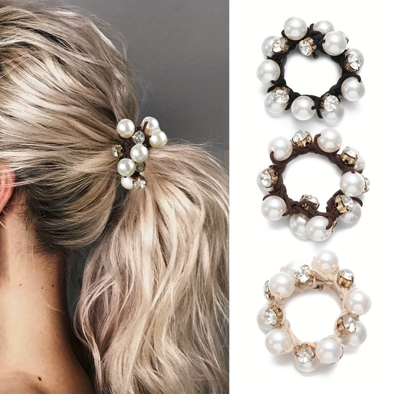 3pcs Retro Style Faux Pearl Hair Tie with Glitter Rhinestone Decor - Ponytail Holder for Women and Girls