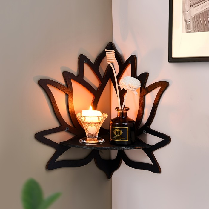 1pc Wooden Lotus Shape Floating Display Shelf - Wall Corner Crystal Stone Storage Rack for Plants, Flowers, Toys, Scented Candles - Household Organization and Aesthetic Room Decor