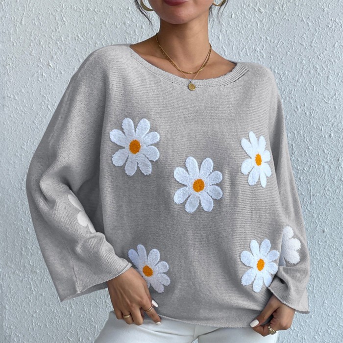 Women'S Fashion Casual Flower Print Loose  Sleeve Knitwear Top