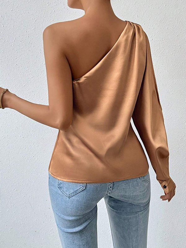 Loose Puff Sleeves Hollow Pleated Solid Color One-Shoulder Blouses