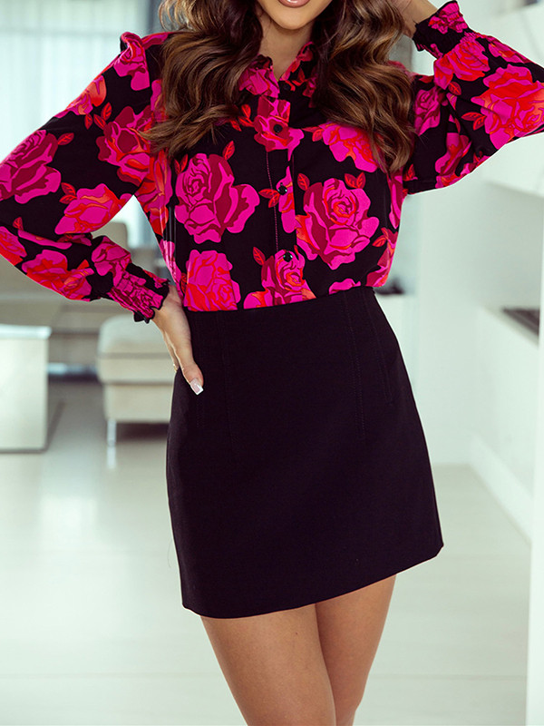 Long Sleeves Loose Buttoned Elasticity Flower Print Lapel Blouses&Shirts Tops