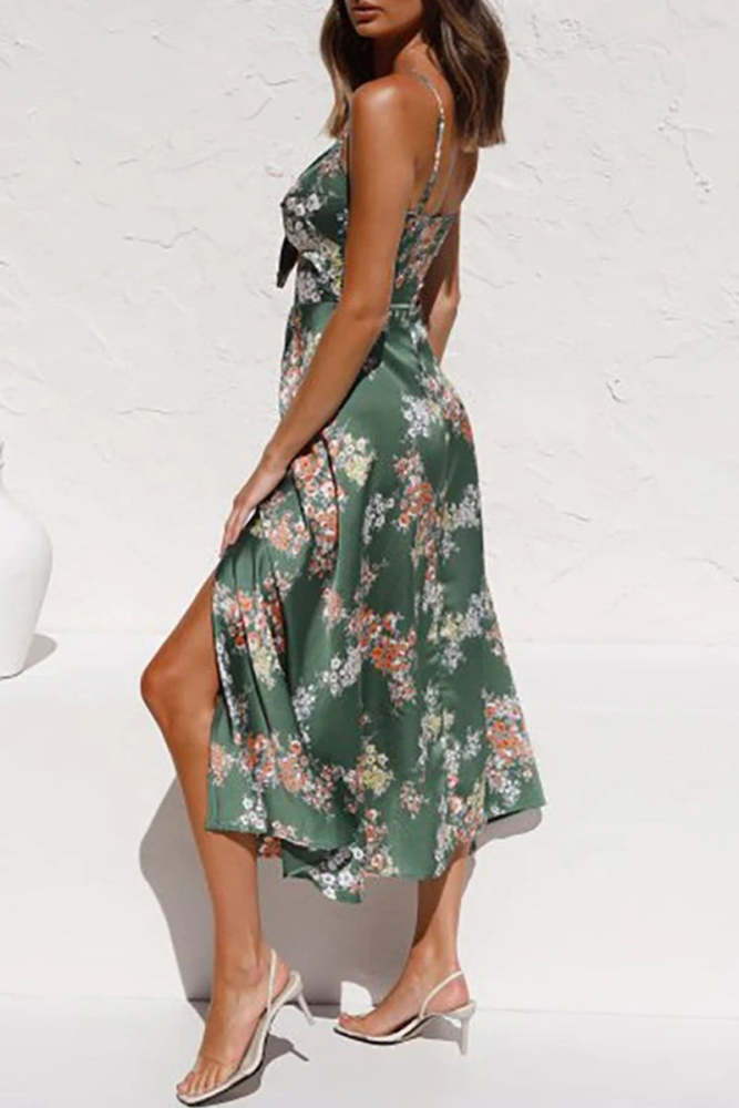 Sexy Vacation Flowers Backless Slit With Bow V Neck Sling Dress Dresses