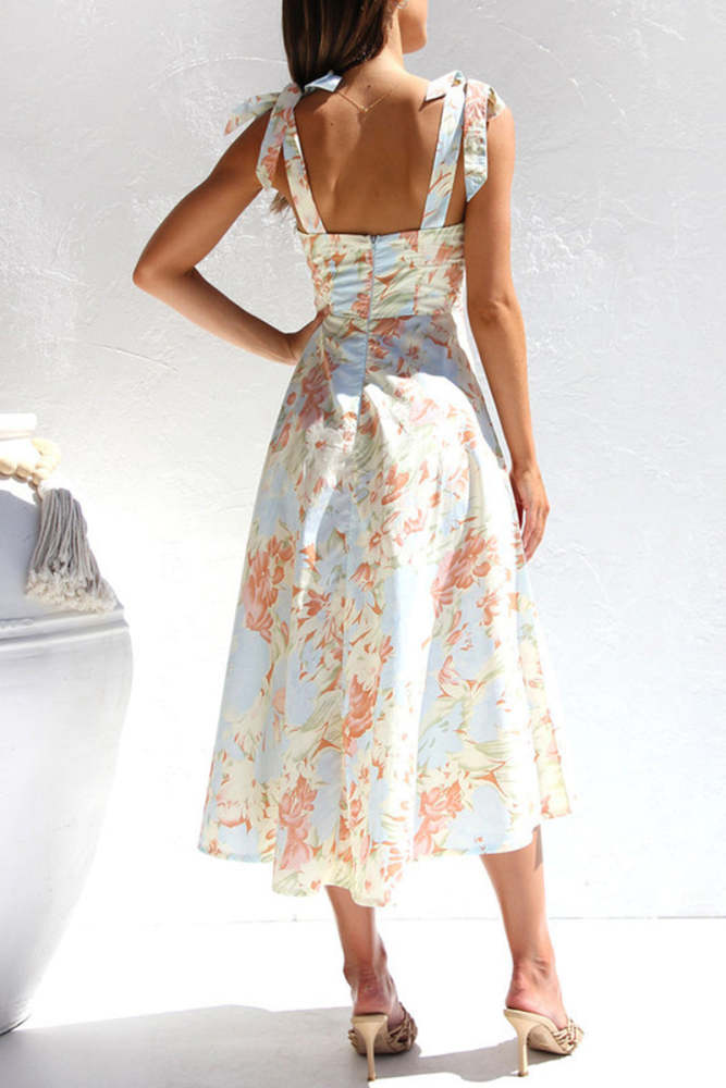 Sweet Elegant Print Flowers Fold V Neck Waist Skirt Dresses