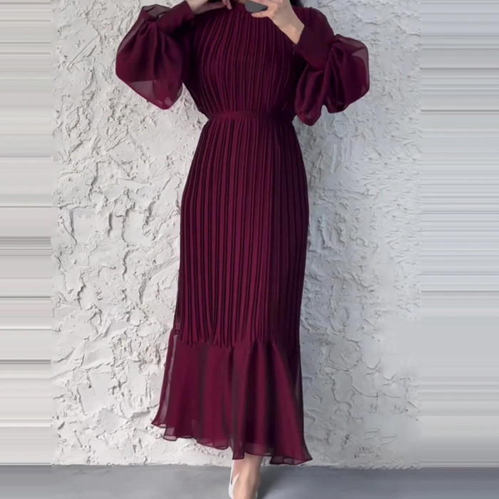 Women's Long Pleated Party O Neck Office Dresses Elegant Casual Evening Maxi Dress