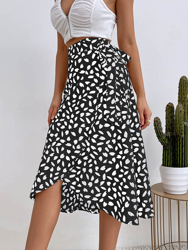 A-Line High-Low Printed Split-Front Tied Waist Skirts Bottoms