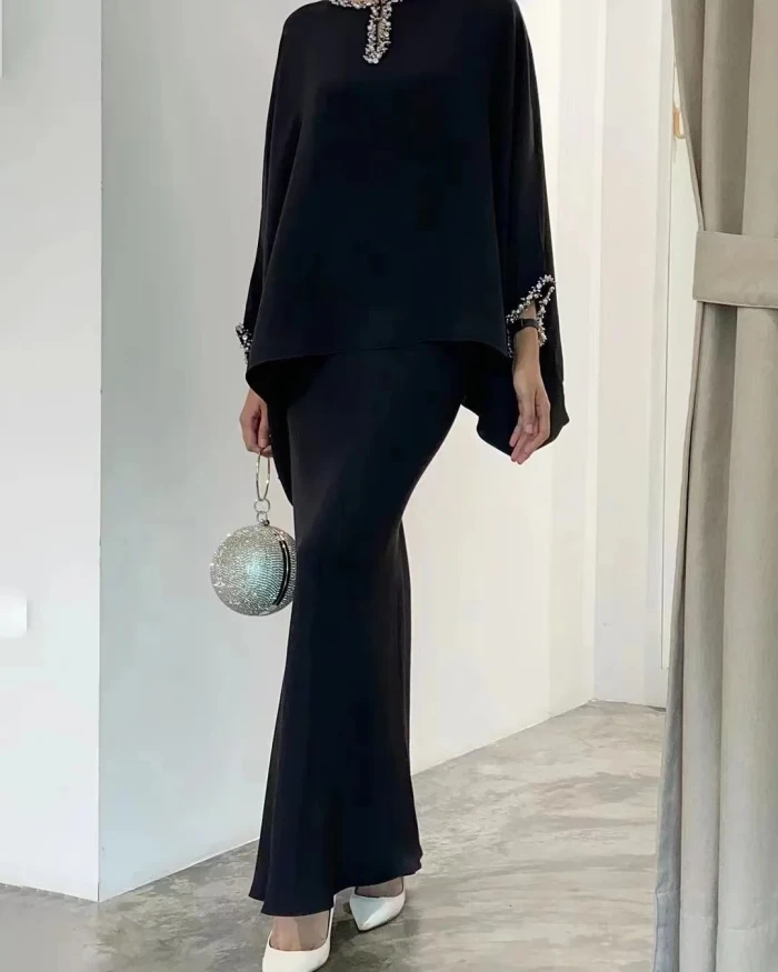 Elegant 2pcs Dress Women Muslim Abaya 2 Piece Sets Bat Sleeve Skirts Suits Pearl Dresses