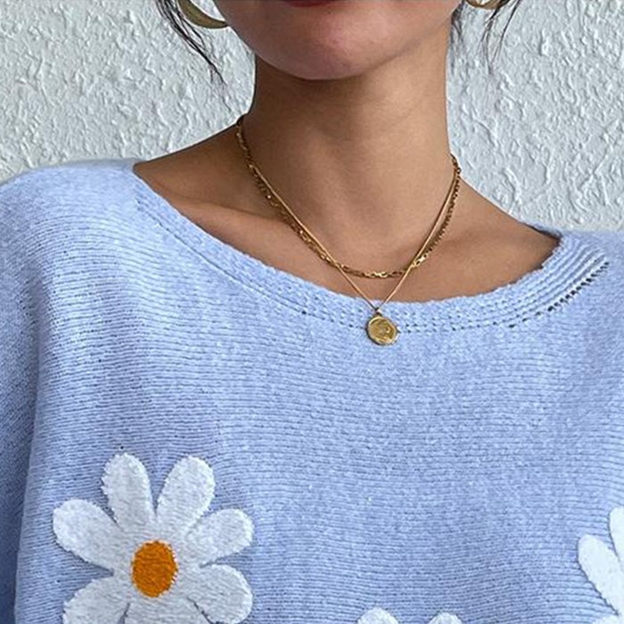 Women'S Fashion Casual Flower Print Loose  Sleeve Knitwear Top