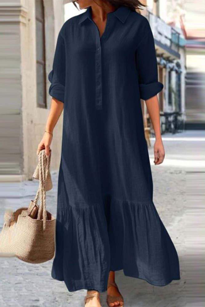 Casual Vintage Solid Buttons Flounce Turndown Collar Shirt Dress Dresses
