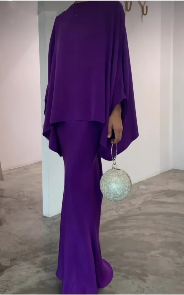 Elegant 2pcs Dress Women Muslim Abaya 2 Piece Sets Bat Sleeve Skirts Suits Pearl Dresses