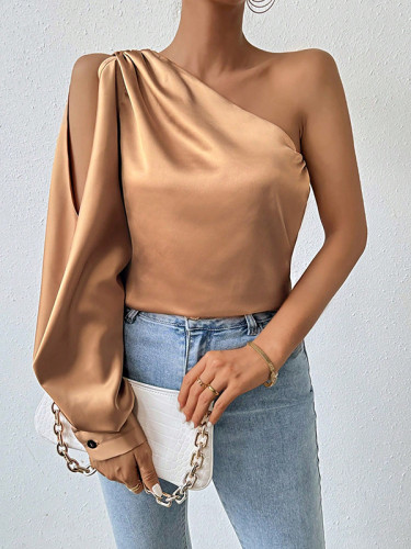 Loose Puff Sleeves Hollow Pleated Solid Color One-Shoulder Blouses