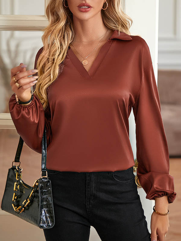 High-low Long Sleeves Backless Elasticity Hollow Knot Solid Color V-neck T-Shirts Tops