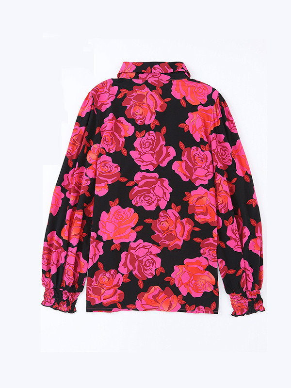 Long Sleeves Loose Buttoned Elasticity Flower Print Lapel Blouses&Shirts Tops