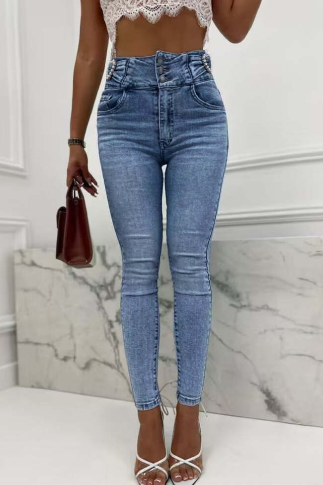 Sexy Solid Pearl High Waist Skinny Denim Jeans