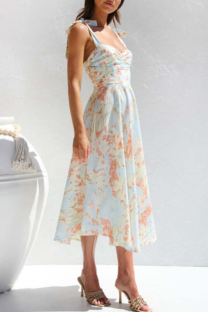 Sweet Elegant Print Flowers Fold V Neck Waist Skirt Dresses