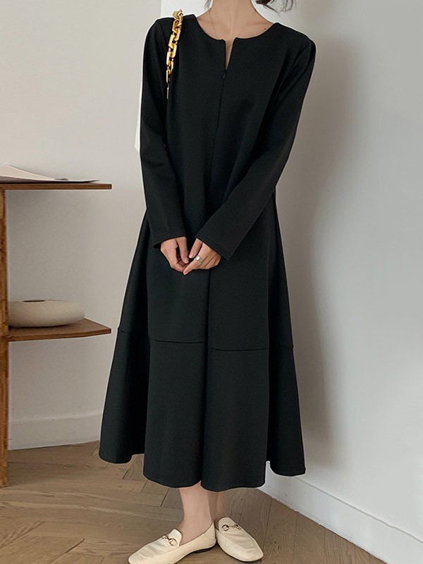 A-Line Long Sleeves Hollow Solid Color V-Neck Midi Dresses