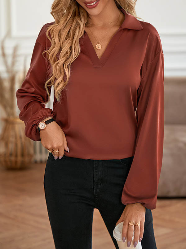 High-low Long Sleeves Backless Elasticity Hollow Knot Solid Color V-neck T-Shirts Tops
