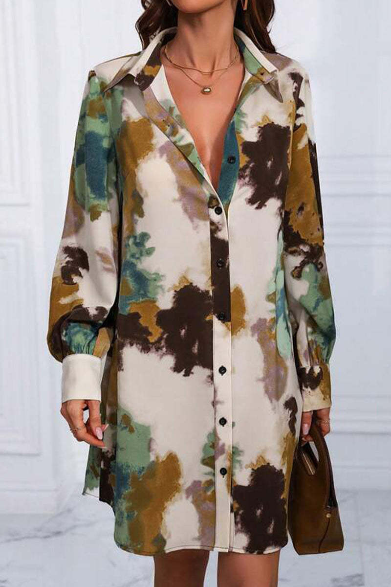 Casual Vintage Geometric Print Patchwork Turndown Collar Shirt Dress ...