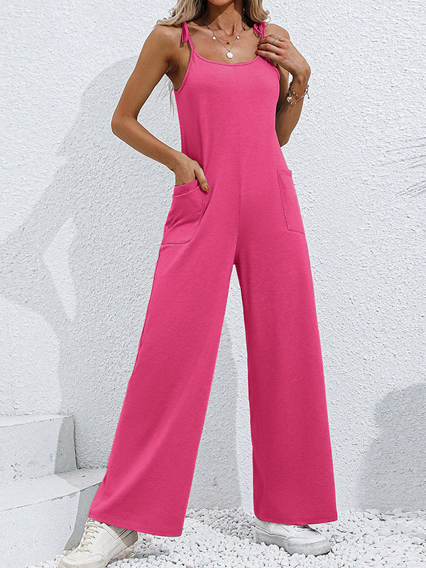 High Waisted Sleeveless Pockets Solid Color Tied Spaghetti-Neck Jumpsuits