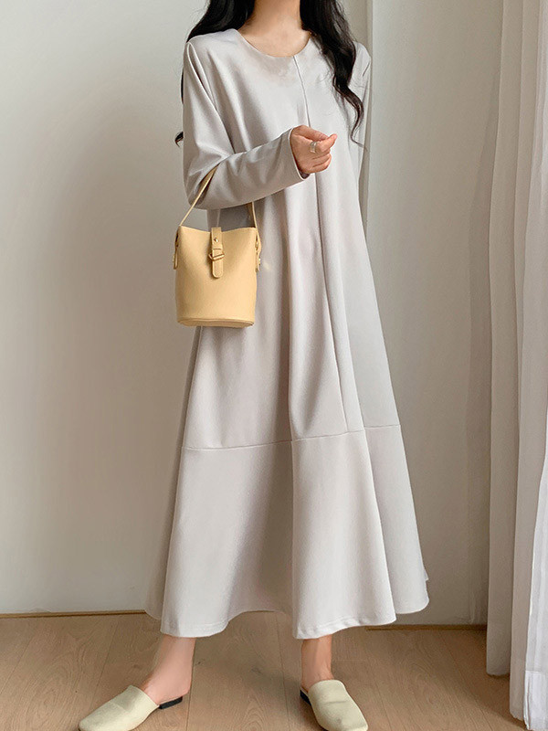 A-Line Long Sleeves Hollow Solid Color V-Neck Midi Dresses