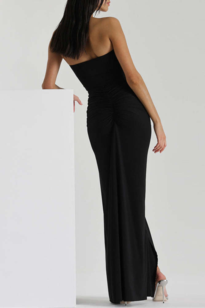 Sexy Solid Backless Slit Fold Halter Wrapped Skirt Dresses