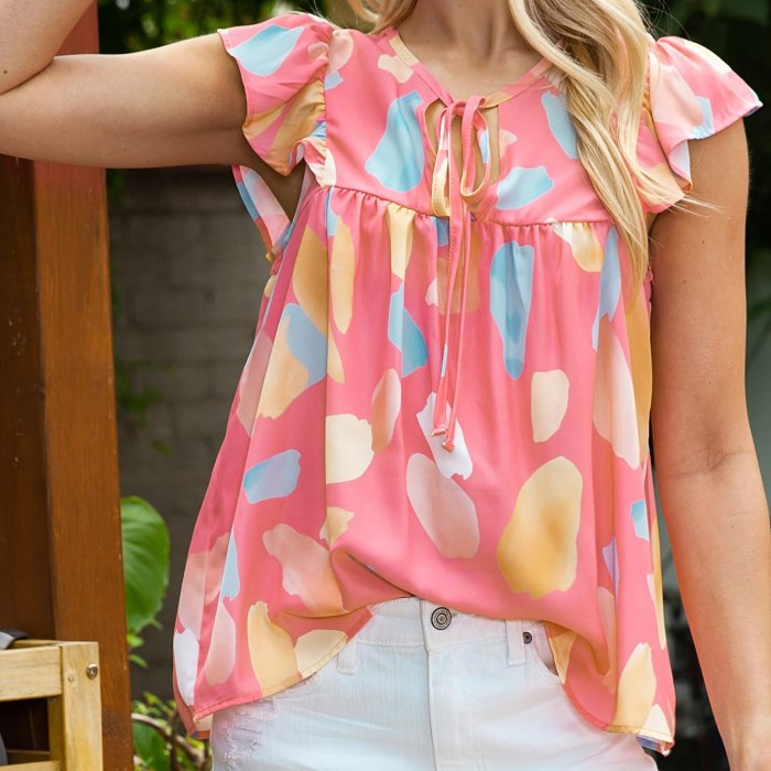 Graphic Print Ruffle Trim Blouse, Casual Tie Front Blouse For Spring & Summer, Women's Clothing