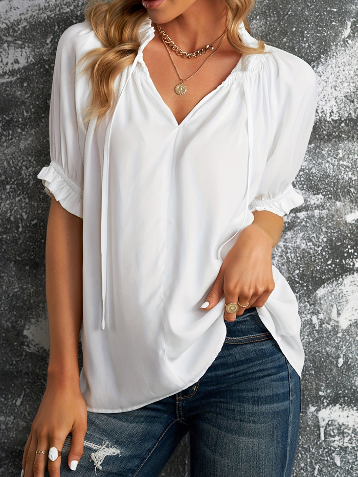 Ruffle Trim Tie Neck Blouse, Vacation Style Short Sleeve Blouse For Spring & Summer, Women's Clothing