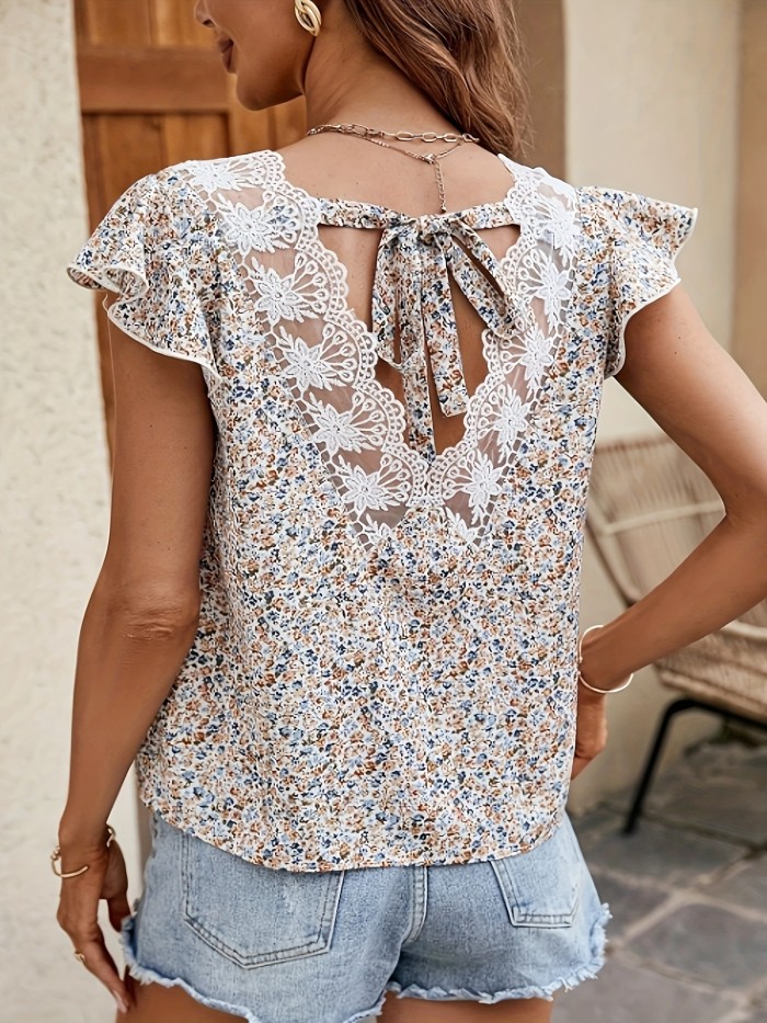 Lace Trim Tie Back Blouse, Elegant Ditsy Floral Print V Neck Ruffle Sleeve Blouse For Spring & Summer, Women's Clothing