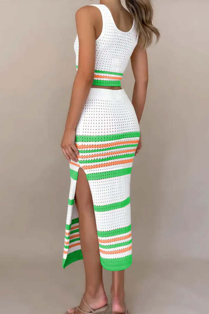 Sexy Striped Hollowed Out Weave Square Collar Sleeveless Two Pieces