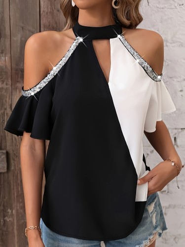 Bright Edges Cut Out Blouse, Elegant Color Block Cold Shoulder Top For Spring & Summer, Women's Clothing