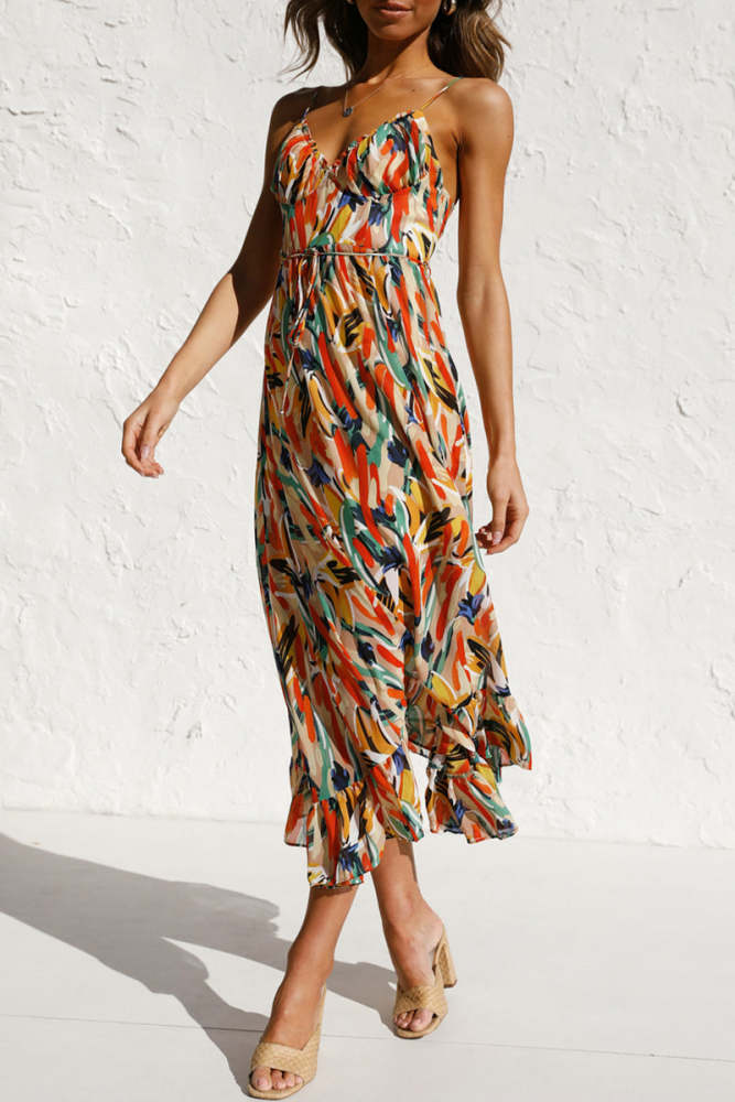 Elegant Vacation Color Lump Print Backless Flounce V Neck Sling Dress Dresses