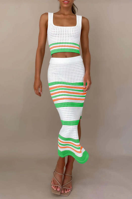 Sexy Striped Hollowed Out Weave Square Collar Sleeveless Two Pieces