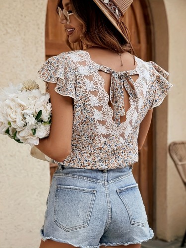 Lace Trim Tie Back Blouse, Elegant Ditsy Floral Print V Neck Ruffle Sleeve Blouse For Spring & Summer, Women's Clothing