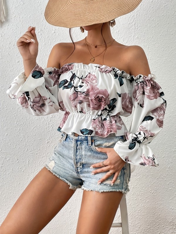 Floral Print Off Shoulder Blouse, Elegant Ruffle Trim Blouse For Spring & Fall, Women's Clothing