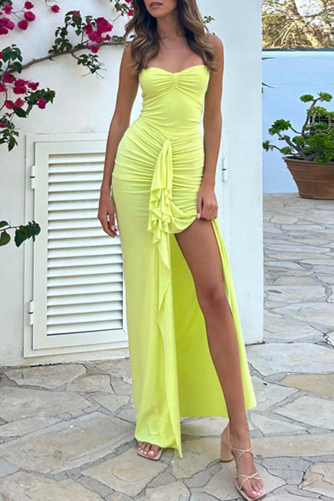 Sexy Solid Backless Slit Fold Halter Wrapped Skirt Dresses