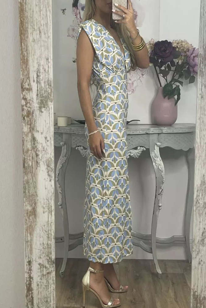 Celebrities Elegant Geometric Print Contrast V Neck One Step Skirt Dresses