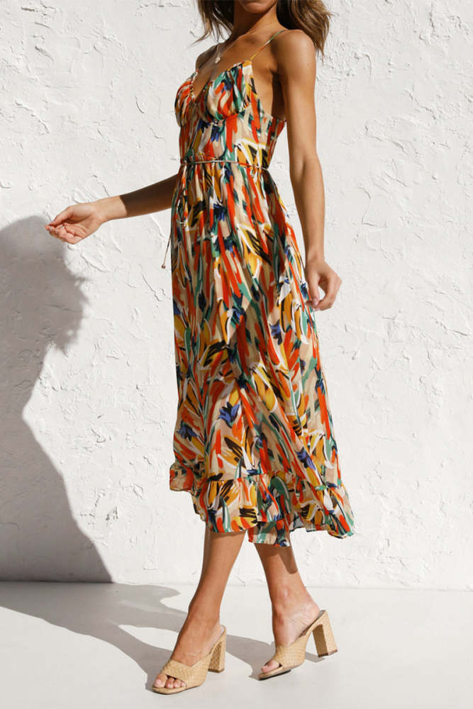 Elegant Vacation Color Lump Print Backless Flounce V Neck Sling Dress Dresses