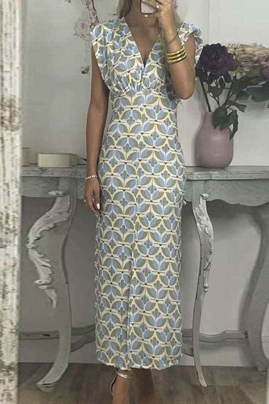 Celebrities Elegant Geometric Print Contrast V Neck One Step Skirt Dresses