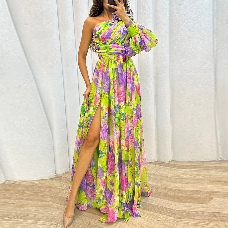 Boho Floral Print Party Dress  Elegant Fashion One-Shoulder Holiday Fairy Dress Sexy Slim Pleated A-Line Maxi Dress