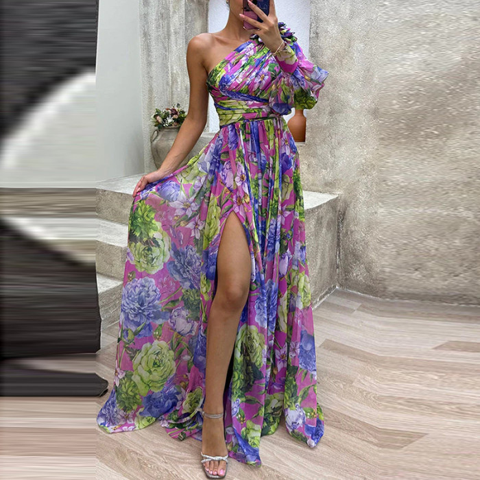 Boho Floral Print Party Dress  Elegant Fashion One-Shoulder Holiday Fairy Dress Sexy Slim Pleated A-Line Maxi Dress