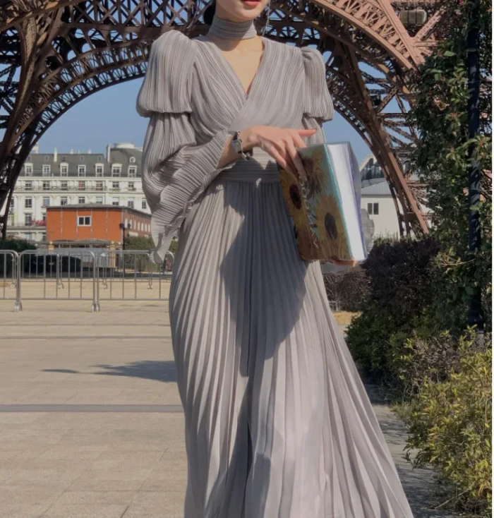 Elegant V-Neck Midi Dress Office Lady Long Sleeve Casual  Vintage Chiffon Dress