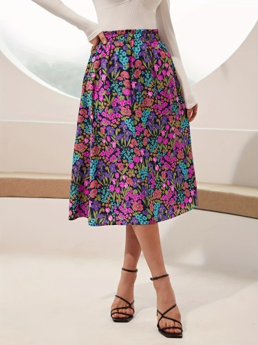 Floral Print A-line Midi Skirt, Elegant Elastic High Waist Skirt For Spring & Summer, Women's Clothing